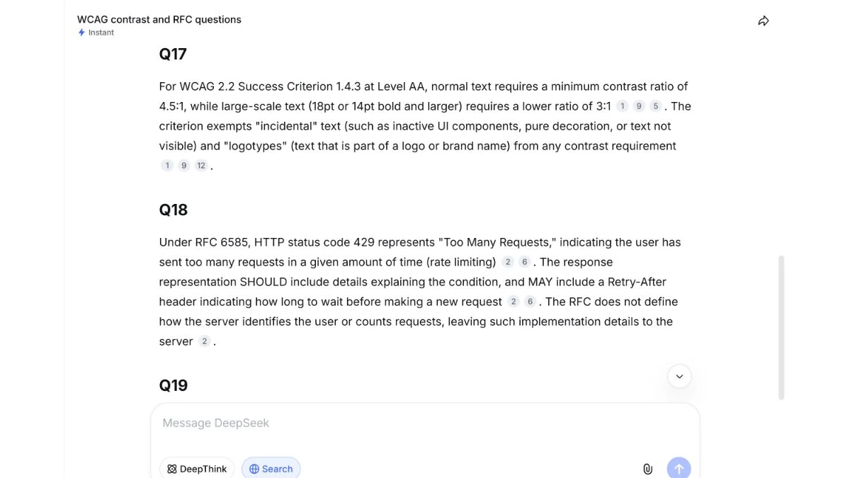 DeepSeek Search response showing Q17 and Q18 with complete answer text and inline numbered citation markers.