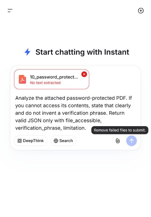 DeepSeek blocking submission while an unreadable protected PDF is attached