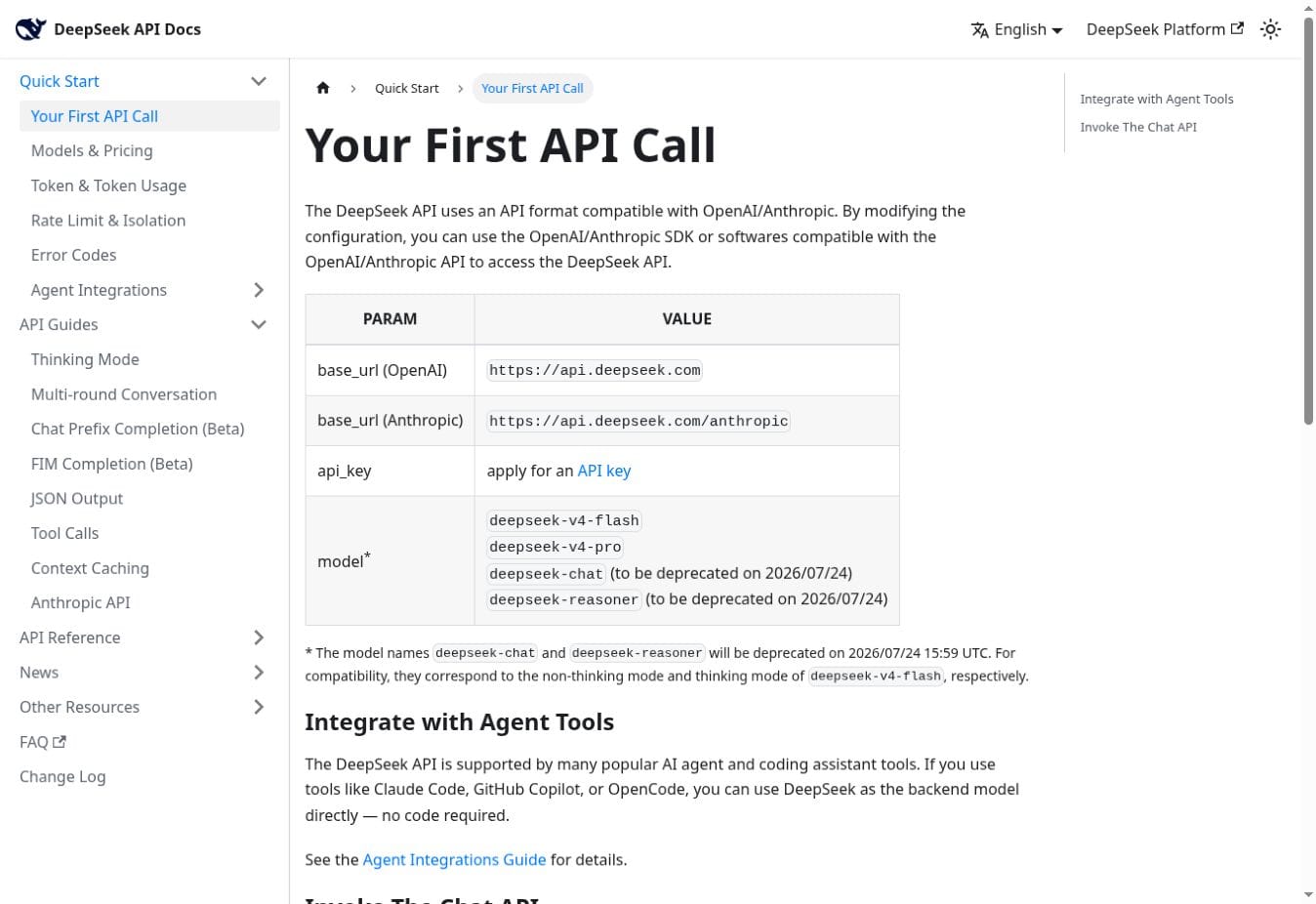Official DeepSeek API documentation showing OpenAI and Anthropic base URLs, V4 model IDs, and the Agent Tools section