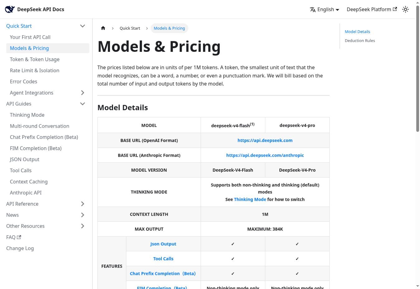 Official DeepSeek API models and pricing table for V4 Flash and V4 Pro