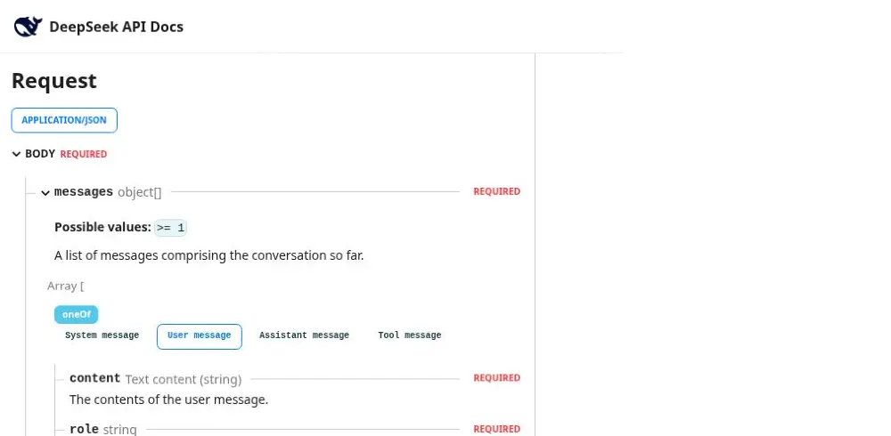 DeepSeek Chat Completions request schema showing user content as a text string
