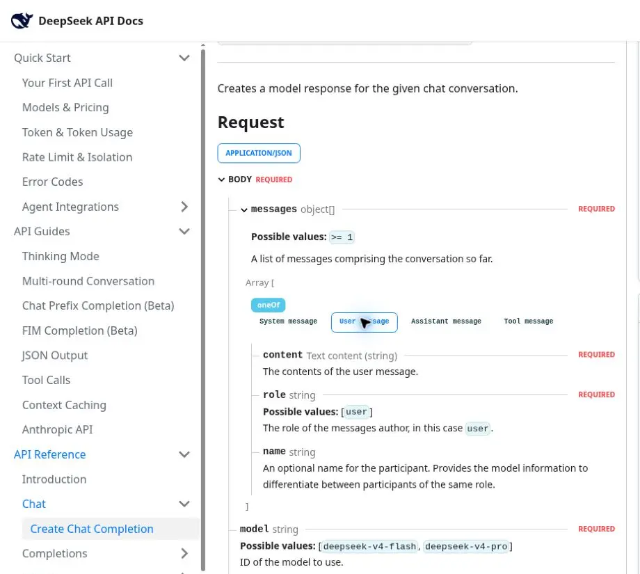 DeepSeek Chat Completions schema showing user content as a required text string