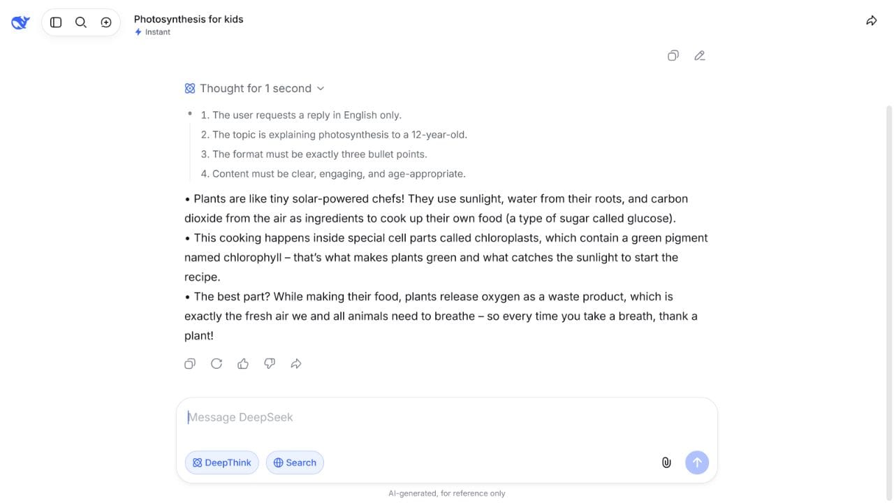 DeepSeek English-only test showing an English final answer in Instant mode