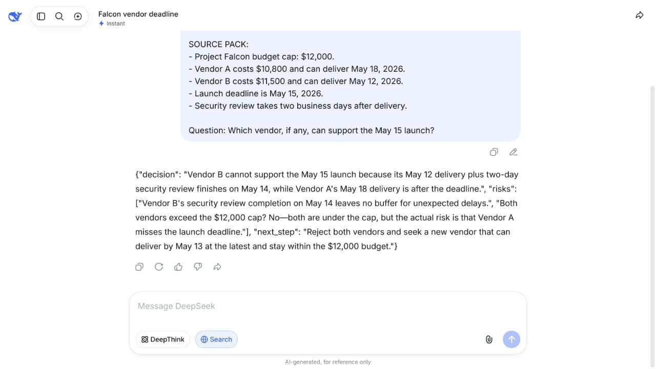 DeepSeek Instant result following the JSON format but making an incorrect decision