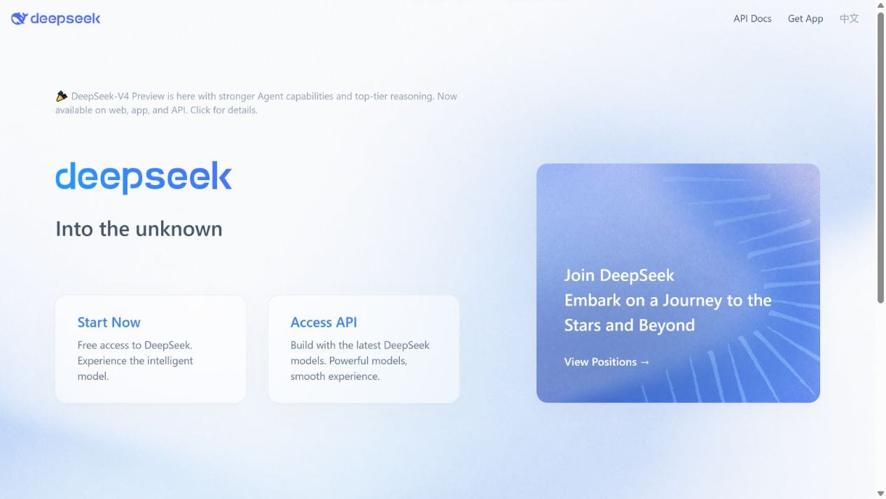 DeepSeek official English homepage with the Start Now link to the web chat