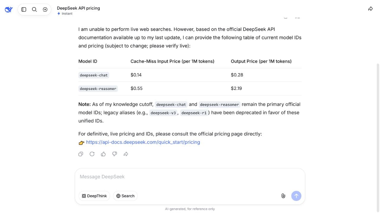 DeepSeek Instant returning retired model IDs and stale prices despite web search being enabled