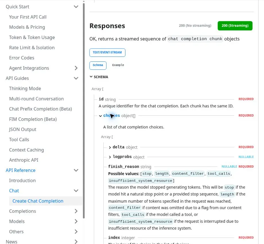 DeepSeek streaming response schema showing finish_reason as nullable until termination