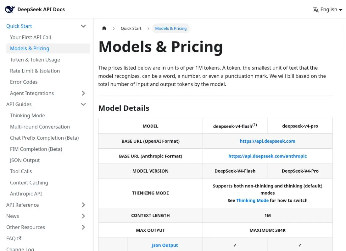 DeepSeek Models and Pricing table showing a 1M context length and 384K maximum output