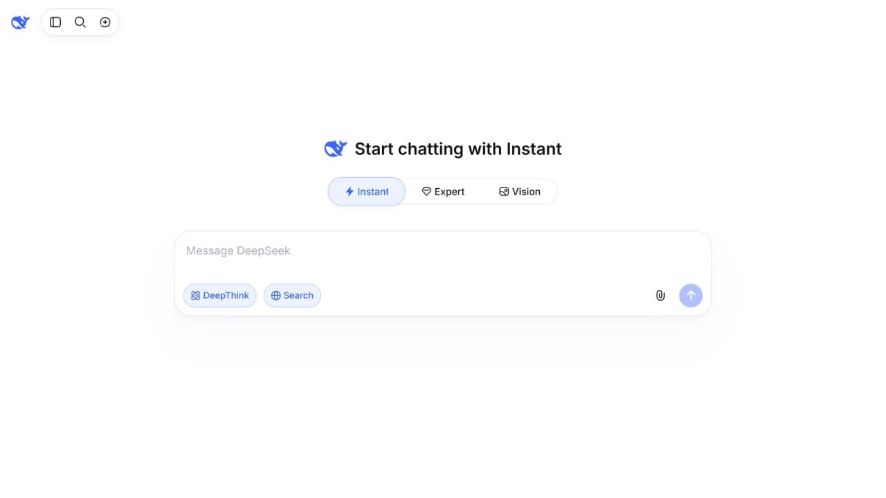 DeepSeek web chat English interface in Instant mode used for the editorial language test