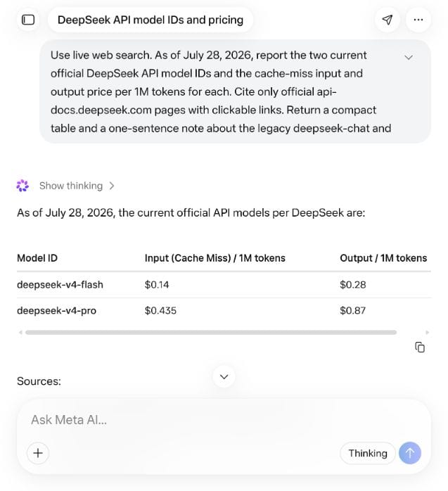Meta AI Thinking returning the DeepSeek V4 API model IDs and prices applicable on July 28, 2026