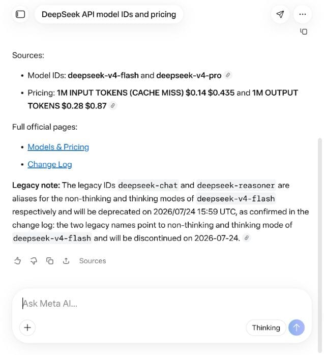 Meta AI linking official DeepSeek sources while using outdated future tense for retired legacy model IDs