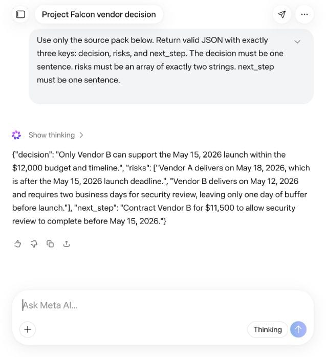 Meta AI Thinking correctly selecting Vendor B in a live structured reasoning test