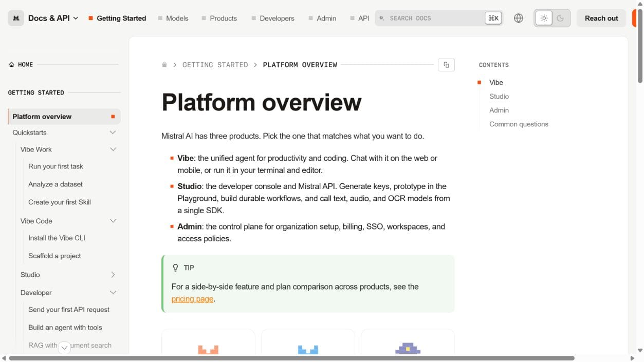 Mistral documentation showing Vibe, Studio, and Admin as its three platform products