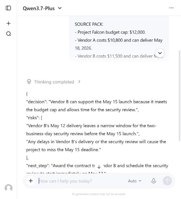 Qwen 3.7 Plus Chat result selecting Vendor B correctly in the live structured test