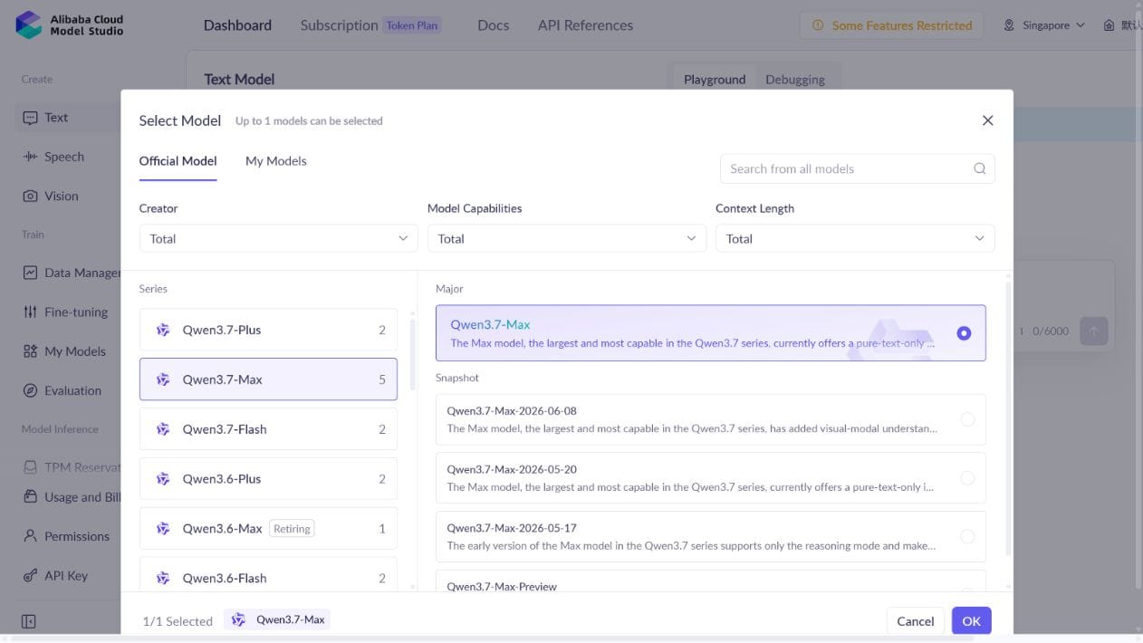 Alibaba Cloud Model Studio selector showing Qwen3.7 Max, Plus, Flash, and current model snapshots