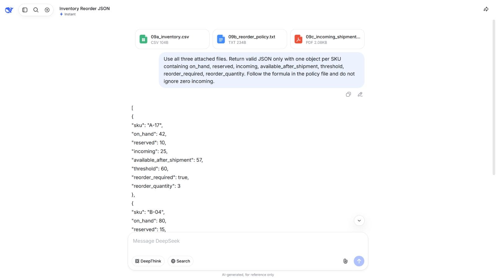 DeepSeek T9 chat showing attached CSV, TXT, and PDF files above the complete multi-file JSON prompt.