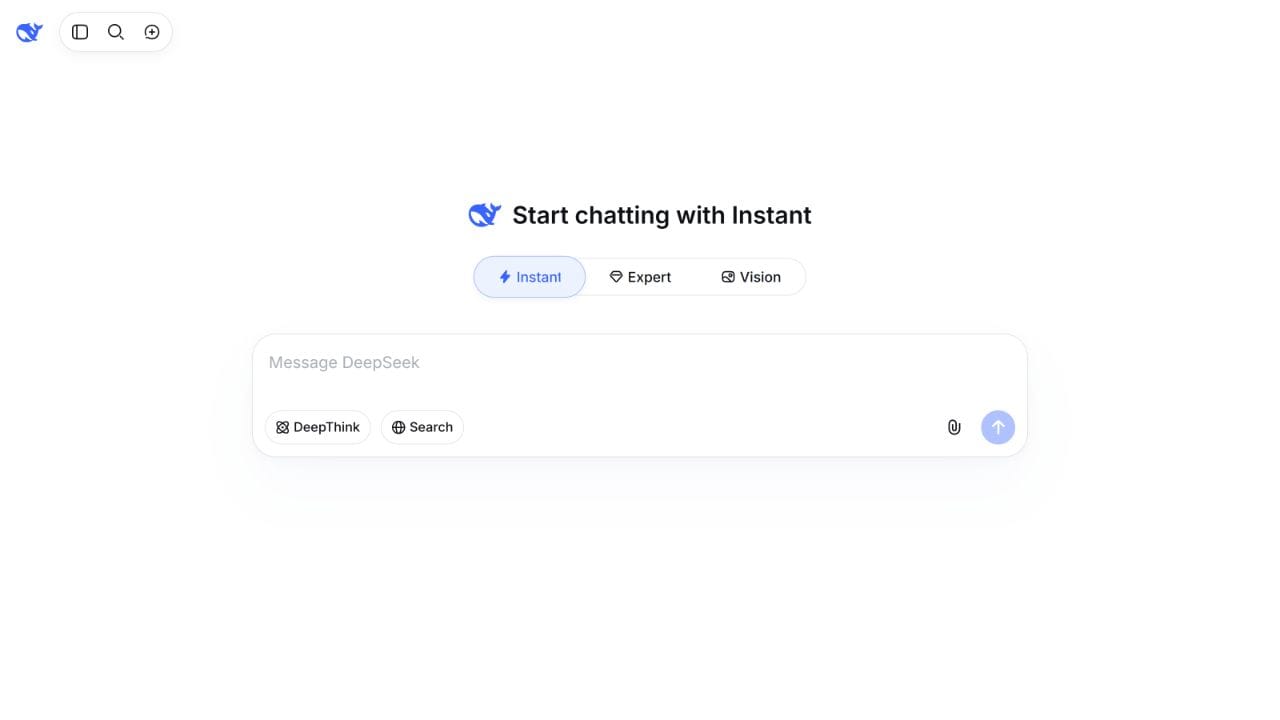 DeepSeek new chat interface in Instant mode with DeepThink and Search turned off before a benchmark submission.