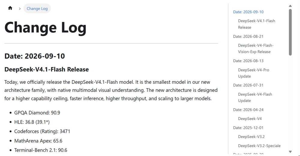 DeepSeek change log showing the V4.1-Flash release on September 10, 2026 and the earlier V4 entries