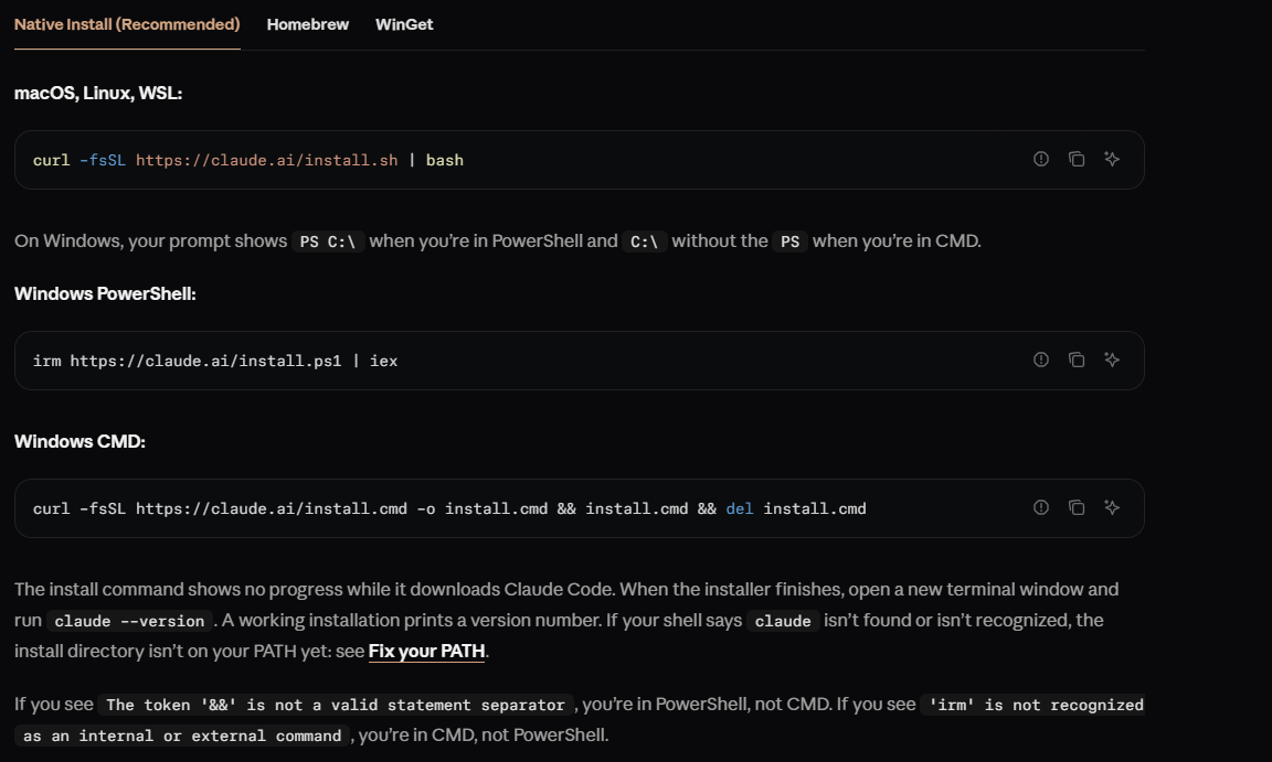 Official Claude Code installation commands for macOS, Linux, WSL, Windows PowerShell and CMD