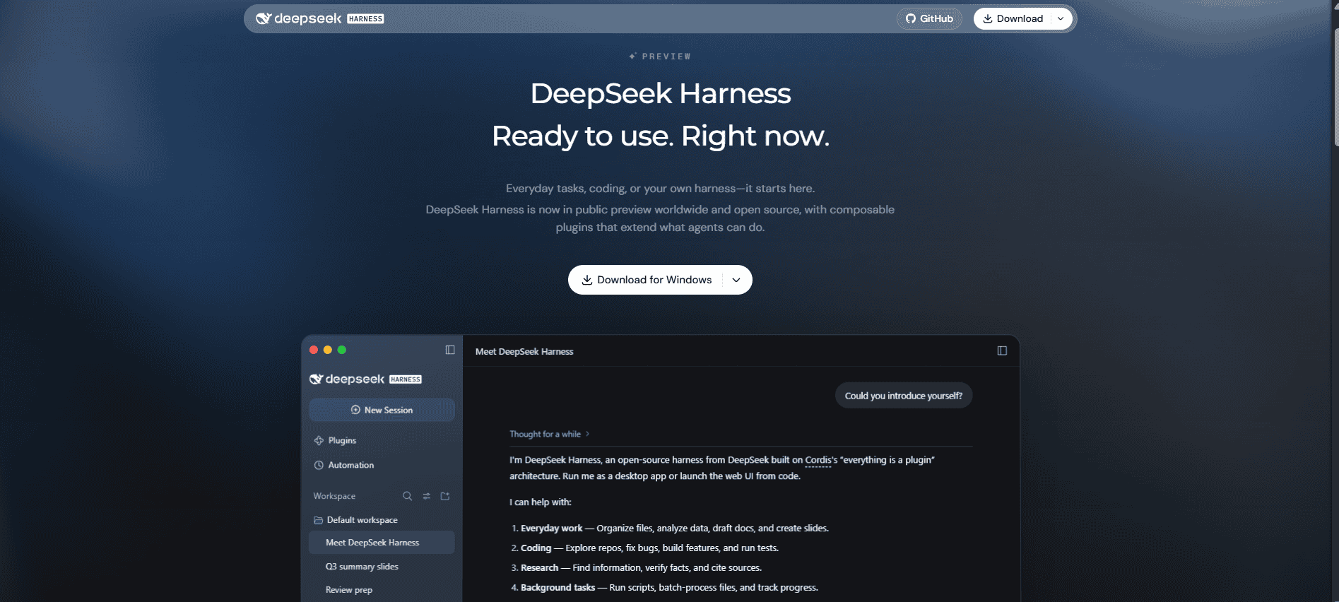 Official DeepSeek Harness interface showing workspace, plugins, automation, and agent controls