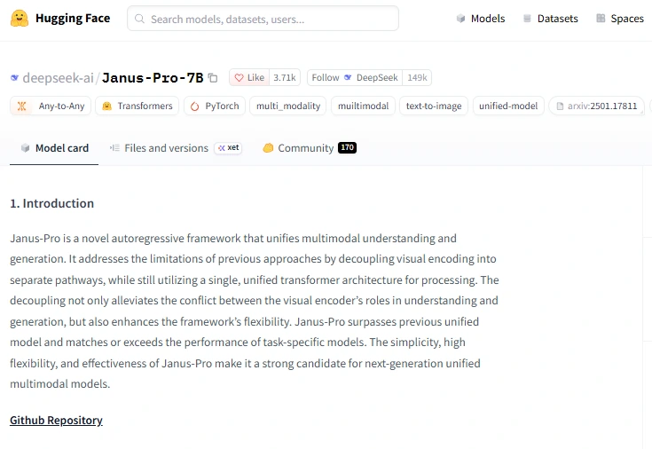 Official DeepSeek Janus-Pro-7B model page on Hugging Face