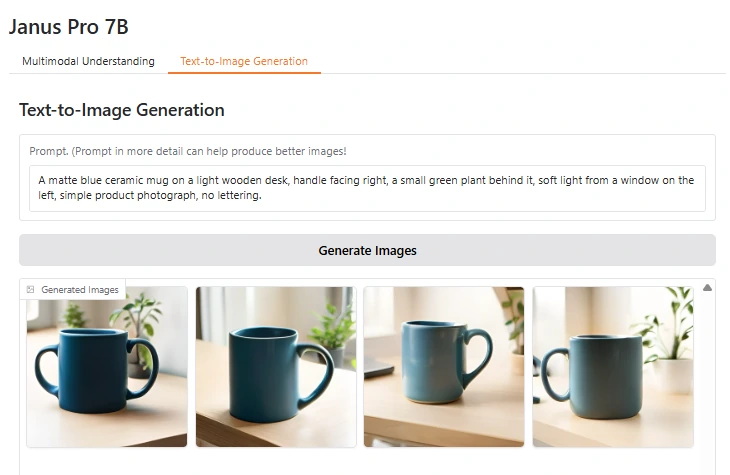 Four images generated by DeepSeek Janus-Pro-7B from a blue ceramic mug prompt
